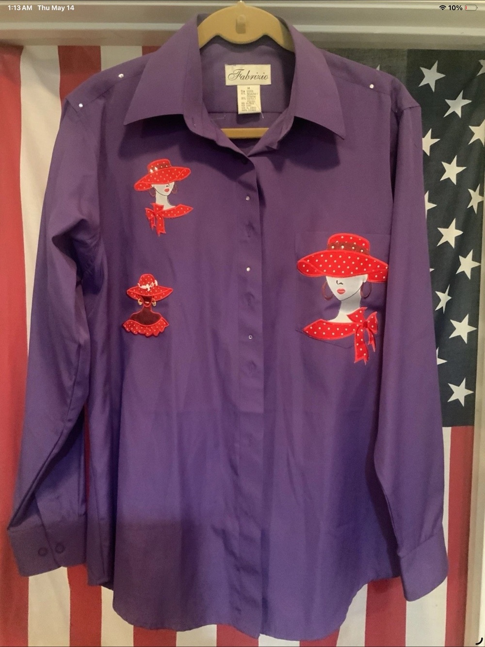 Fabrizio Purple Button-Down Shirt with Red Hat Appliqués